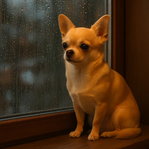 This online jigsaw puzzle features a small, golden Chihuahua sitting by a rain-speckled window, perfect for animal lovers playing right in their browser.