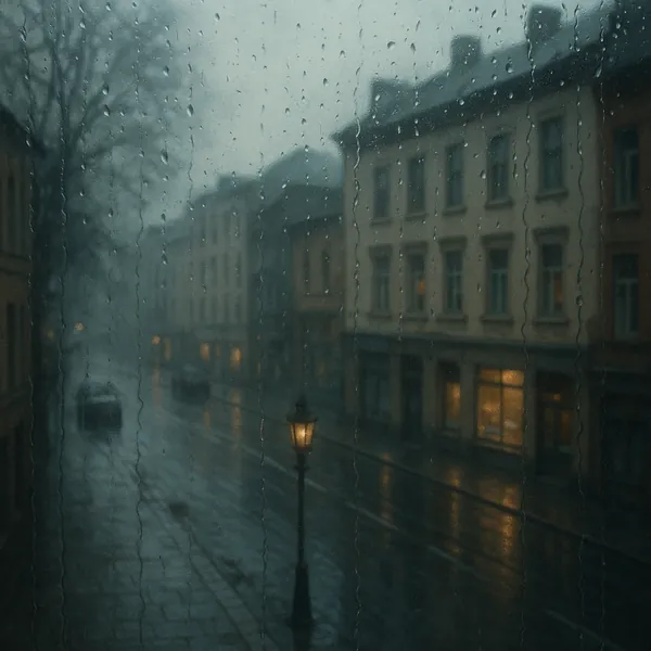 Enjoy an online jigsaw puzzle designed for browser play, featuring a rainy city street seen through a window.