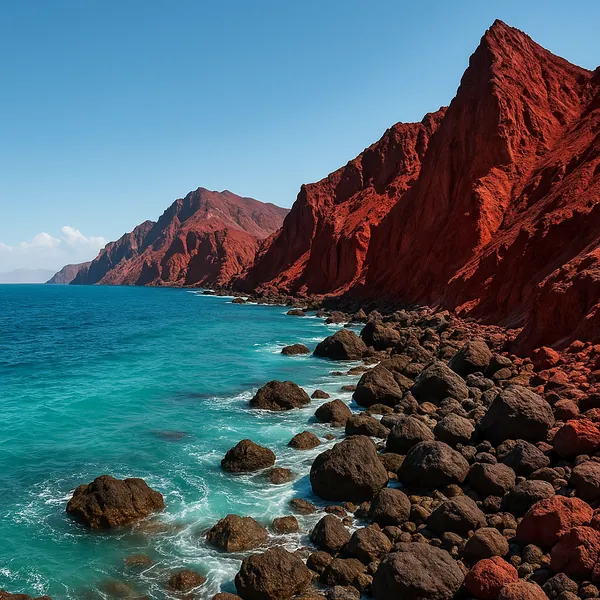 Enjoy an online jigsaw puzzle designed for browser play, featuring a striking coastal nature scene of rust-red cliffs meeting turquoise sea.