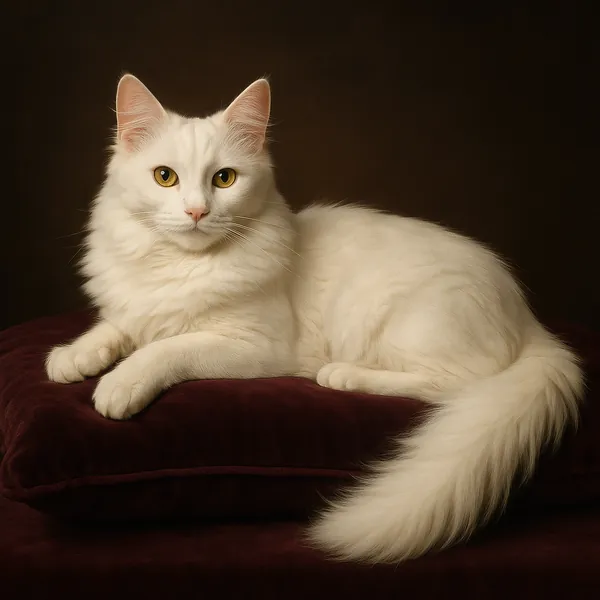 Play an online jigsaw puzzle in your browser that shows a serene white cat lounging on a plush cushion — a peaceful pet-themed image perfect for animal lovers.