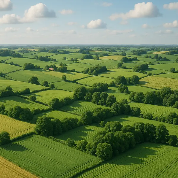 This online jigsaw puzzle features a serene countryside scene of rolling green fields and hedgerows, perfect to play in your browser.