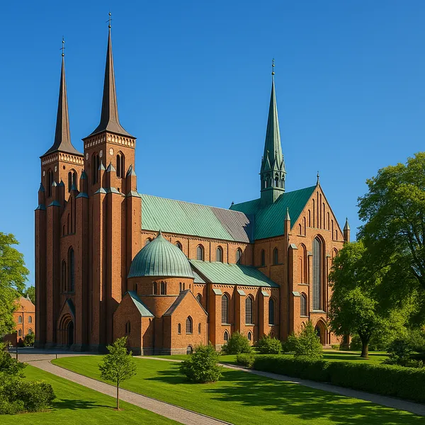 Enjoy an online jigsaw puzzle designed for browser play, featuring a striking brick cathedral set among green lawns and trees.