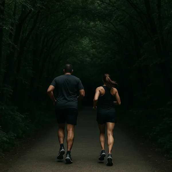 Play an online jigsaw puzzle in your browser that shows two joggers moving down a shaded forest path, blending themes of nature and fitness.