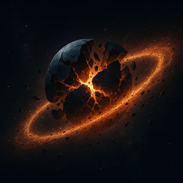 Play an online jigsaw puzzle in your browser that shows a dramatic cosmic scene of a shattered planet surrounded by a glowing ring of molten debris.