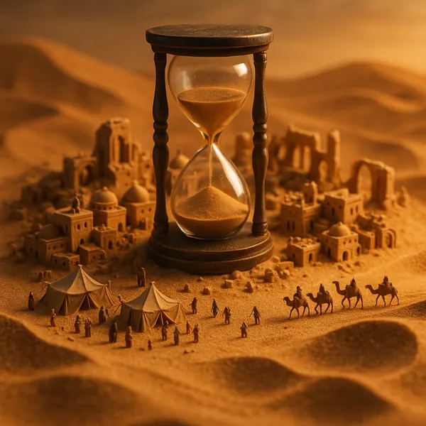 This online jigsaw puzzle features a warm, desert-themed scene that blends time and miniature architecture into a captivating browser-friendly image.
