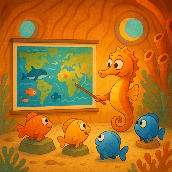 Enjoy an online jigsaw puzzle designed for browser play, featuring a charming underwater classroom scene of sea creatures and ocean life.