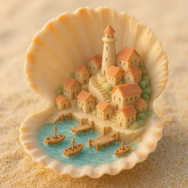 Enjoy an online jigsaw puzzle designed for browser play, featuring a whimsical miniature seaside village nestled inside a scallop shell.