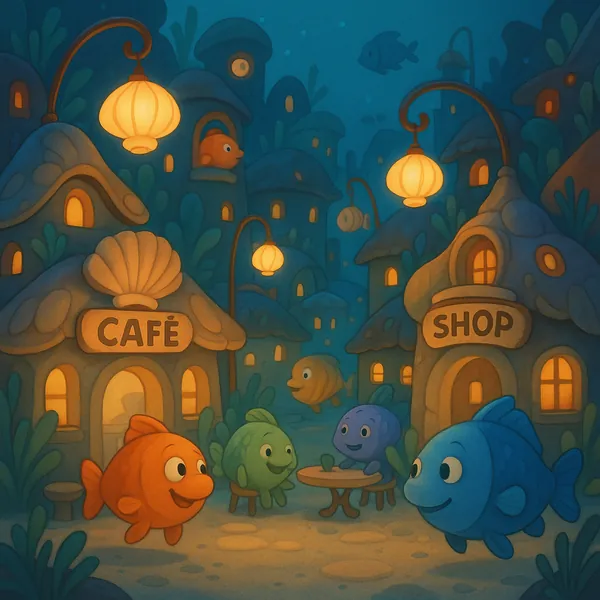 Enjoy an online jigsaw puzzle designed for browser play, featuring a charming underwater village full of friendly fish and whimsical sea‑side buildings.