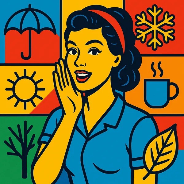 Enjoy an online jigsaw puzzle designed for browser play, featuring a cheerful retro pop-art scene about seasons and weather.