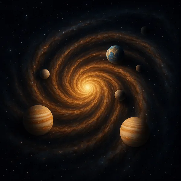 Enjoy an online jigsaw puzzle designed for browser play, featuring a dramatic space scene of swirling galaxies and distant planets.