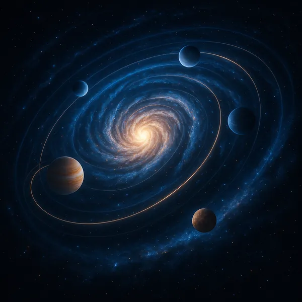 Enjoy an online jigsaw puzzle designed for browser play, featuring a dramatic space scene with a glowing spiral galaxy and orbiting planets.