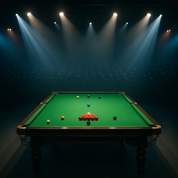 This online jigsaw puzzle features a dramatic billiards scene set on a green snooker table under bright stage lights, perfect for sports and game lovers.