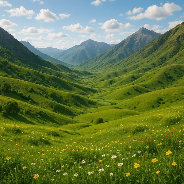 Enjoy an online jigsaw puzzle designed for browser play, featuring a peaceful nature scene of rolling green hills and distant mountains.