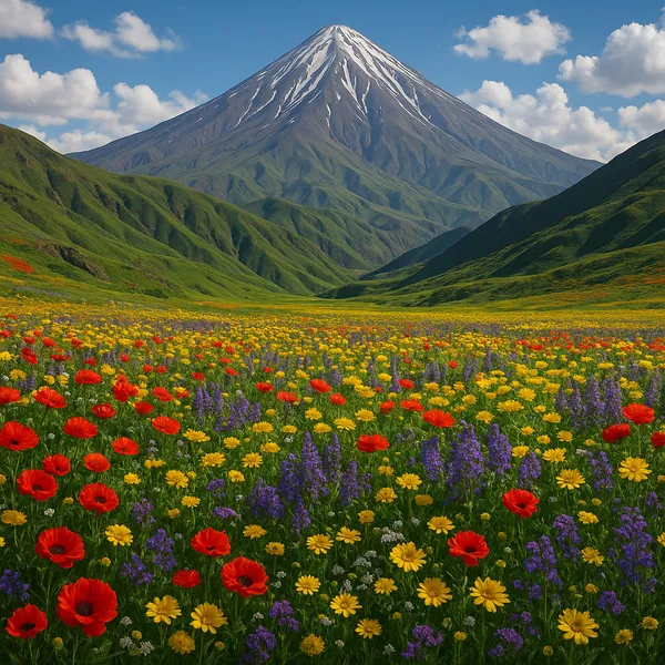 Here’s an online jigsaw puzzle you can play in your browser, focused on a vibrant nature scene of a flower-filled meadow beneath a towering mountain.