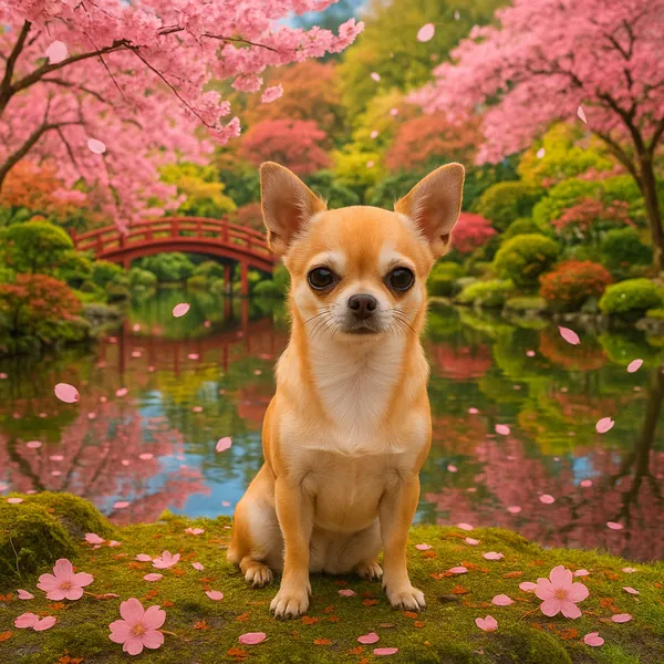 Enjoy an online jigsaw puzzle designed for browser play, featuring a charming Chihuahua set against a blossom-filled garden scene.
