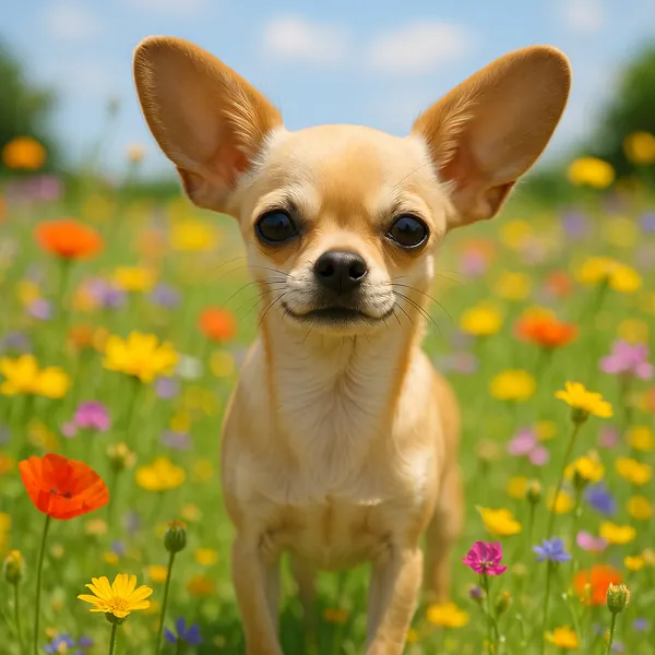 Enjoy an online jigsaw puzzle designed for browser play, featuring a small dog in a bright wildflower meadow that blends animal charm with nature's color.