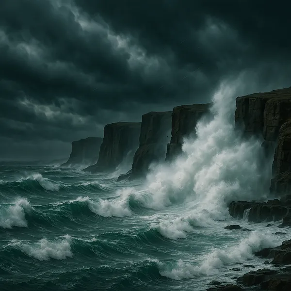 Enjoy an online jigsaw puzzle designed for browser play, featuring a dramatic coastal landscape of towering cliffs and storm-tossed seas.