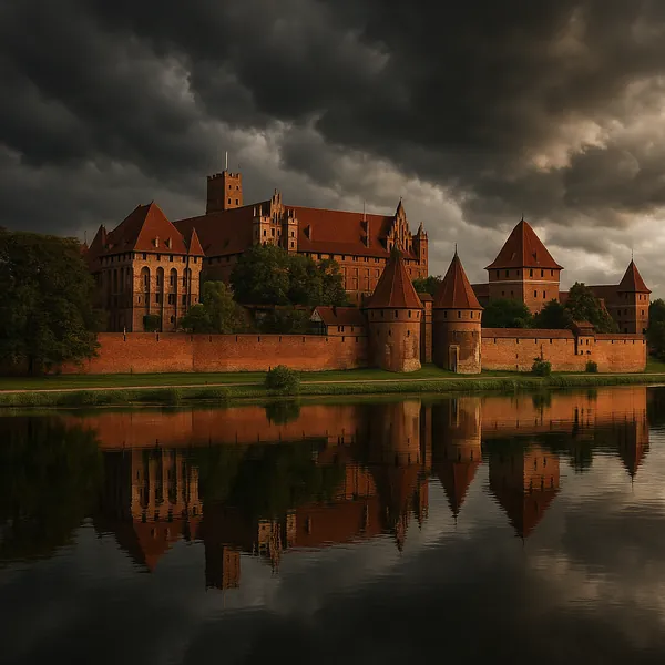 Enjoy an online jigsaw puzzle designed for browser play, featuring a dramatic historic castle set beside a reflective river.
