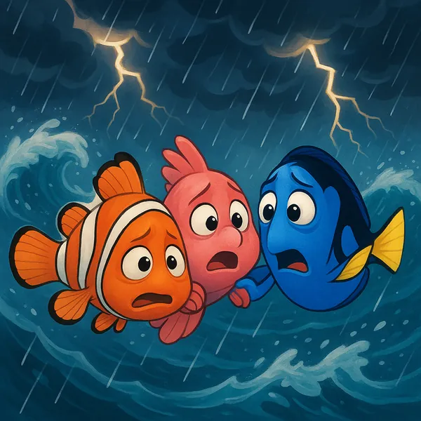 Play an online jigsaw puzzle in your browser that shows a dramatic underwater scene of sea life, featuring three colorful cartoon fish caught in a storm.