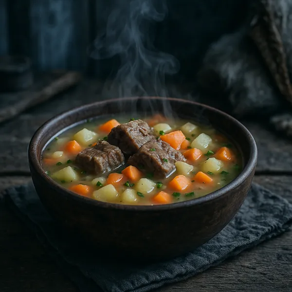 Enjoy an online jigsaw puzzle designed for browser play, featuring a cozy food scene of a steaming bowl of beef stew.