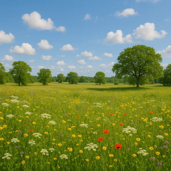 Enjoy an online jigsaw puzzle designed for browser play, featuring a sunlit meadow of wildflowers and scattered oak trees.