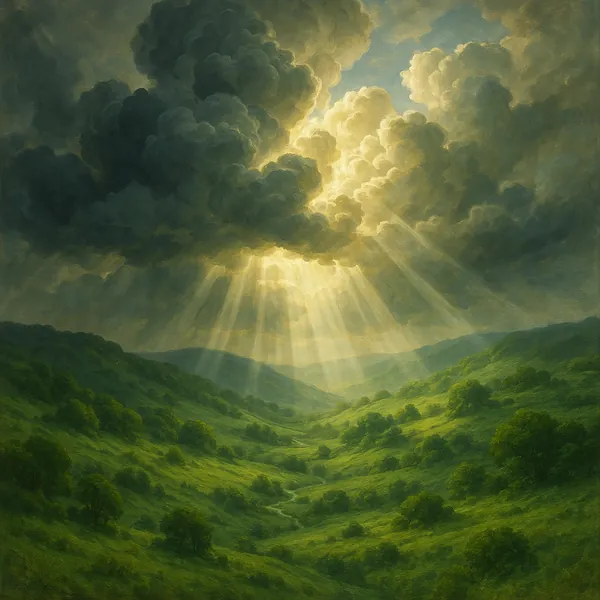 Enjoy an online jigsaw puzzle designed for browser play, featuring a serene nature landscape of rolling green hills and a luminous sky.