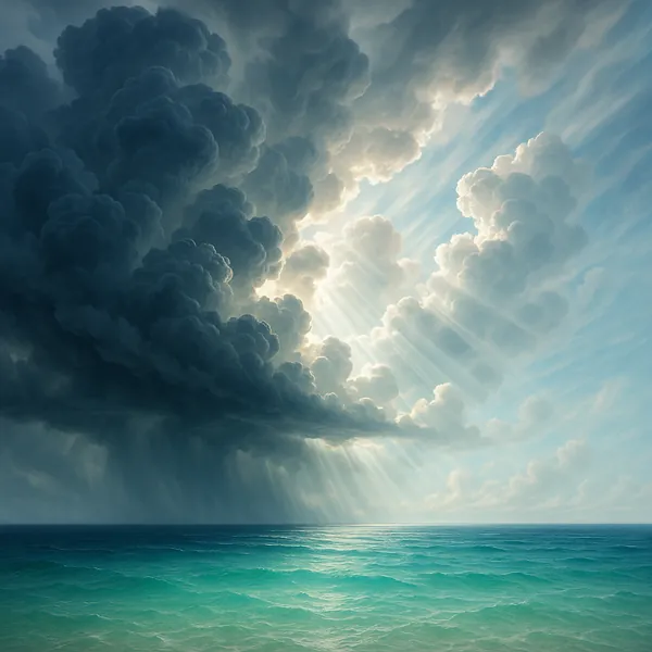 This online jigsaw puzzle features a dramatic seascape where towering storm clouds meet a calm turquoise ocean, perfect for nature lovers to enjoy in the browse