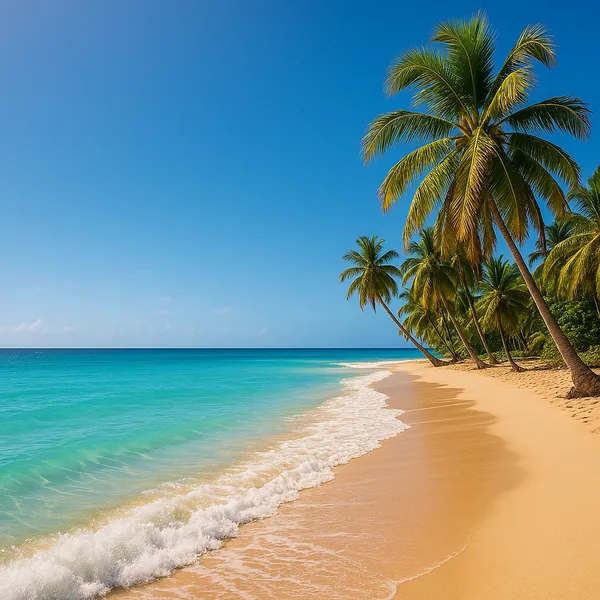Enjoy an online jigsaw puzzle designed for browser play, featuring a sunlit tropical beach and lush palm trees in a peaceful nature scene.