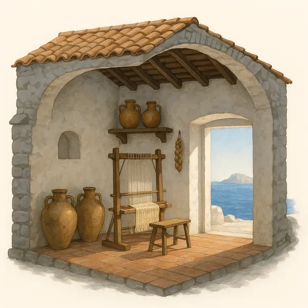 Play an online jigsaw puzzle in your browser that shows a sunlit Mediterranean interior with rustic pottery and a simple wooden loom.