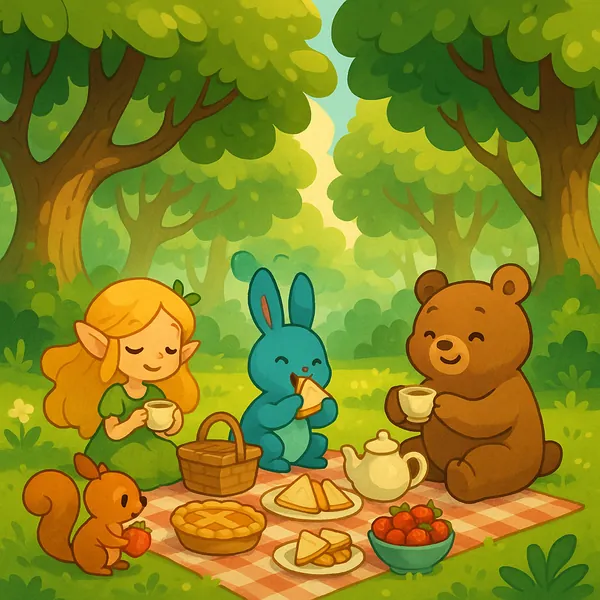 Enjoy an online jigsaw puzzle designed for browser play, featuring a cozy woodland picnic full of friendly animals and a sweet little elf.