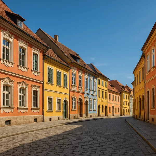 Enjoy an online jigsaw puzzle designed for browser play, featuring a charming, sunlit European street lined with colorful historic buildings.