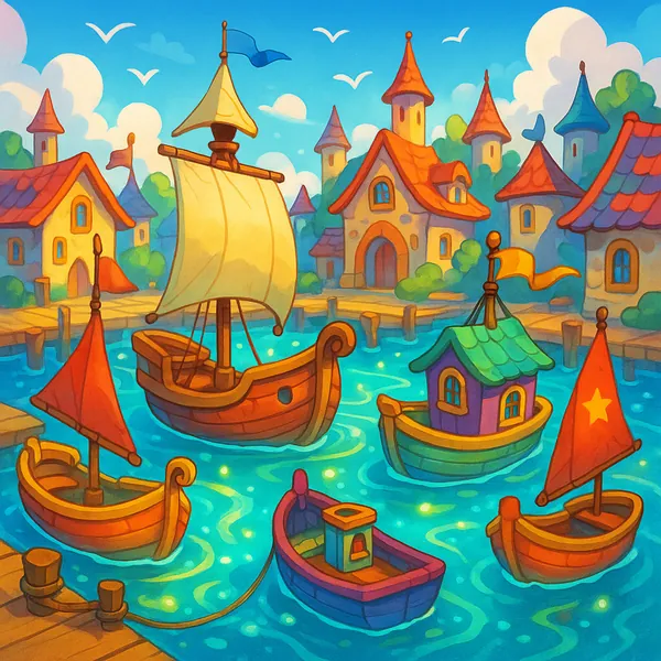 Enjoy an online jigsaw puzzle designed for browser play, featuring a whimsical seaside village full of colorful boats and charming docks.