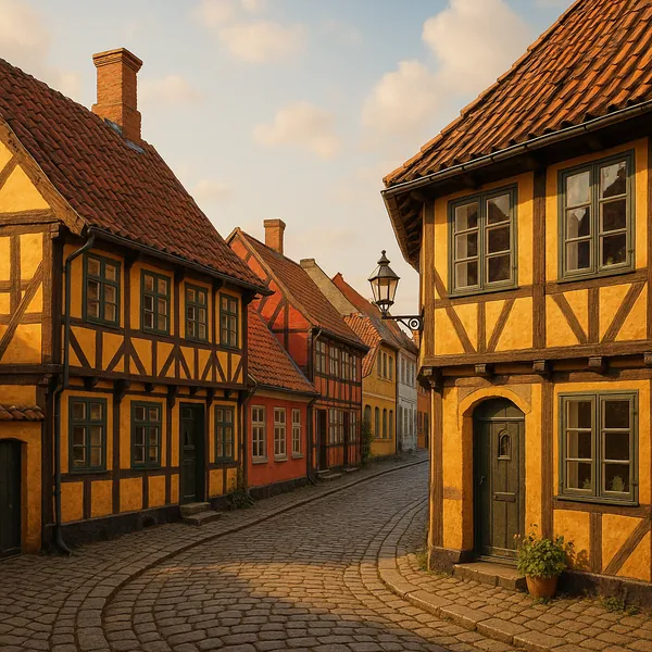 Enjoy an online jigsaw puzzle designed for browser play, featuring a charming historic village street framed by classic half-timbered houses and winding cobbles