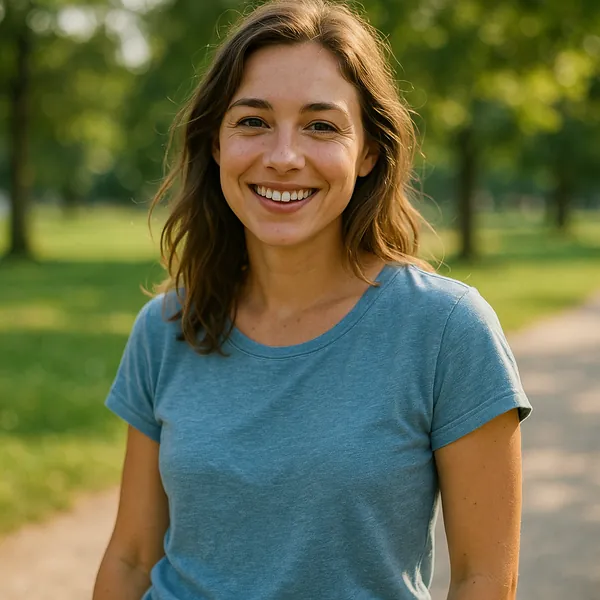 Enjoy an online jigsaw puzzle designed for browser play, featuring a warm outdoor portrait of a smiling woman against a leafy park backdrop.