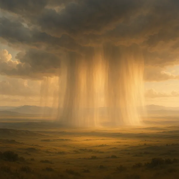 Enjoy an online jigsaw puzzle designed for browser play, featuring a dramatic nature scene of a rain shaft pouring over a wide golden plain.