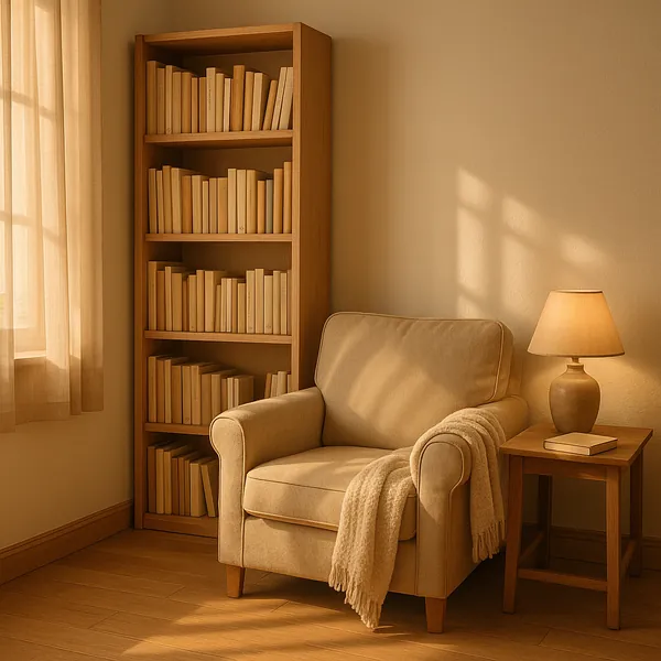Enjoy an online jigsaw puzzle designed for browser play, featuring a warm, cozy interior scene centered on a reading nook.