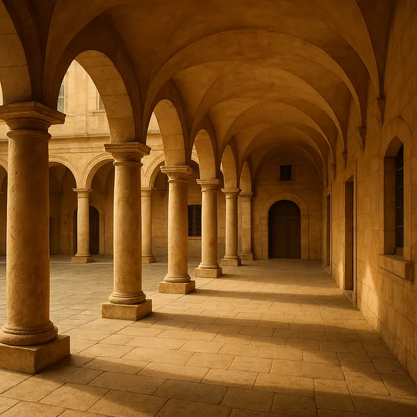 Enjoy an online jigsaw puzzle designed for browser play, featuring elegant historical architecture with a row of stone columns and graceful arches.