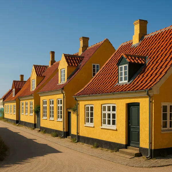 This online jigsaw puzzle features a sunlit row of charming yellow houses with red tiled roofs, perfect for lovers of architecture and peaceful streetscapes.