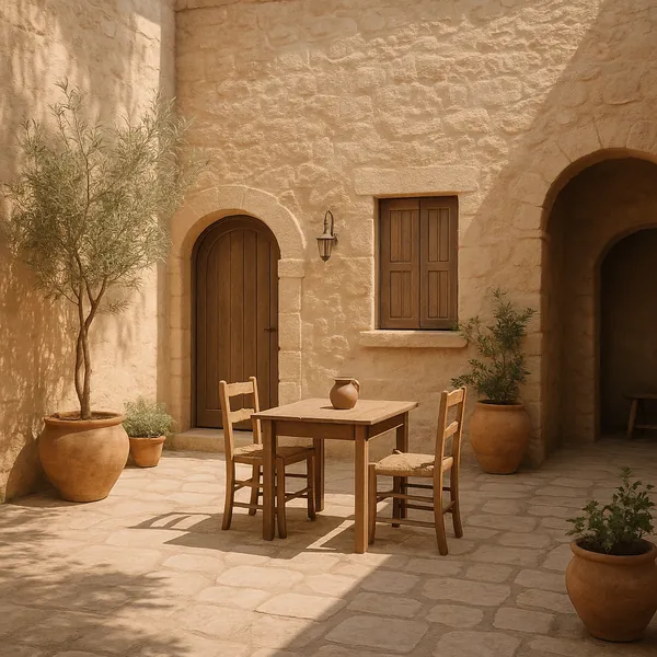Enjoy an online jigsaw puzzle designed for browser play, featuring a sunlit Mediterranean courtyard scene that blends architecture and nature.