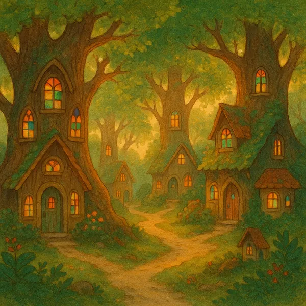This online jigsaw puzzle features a whimsical forest village of tree houses, perfect for lovers of nature and gentle fantasy scenes.
