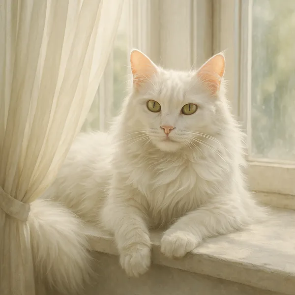 Enjoy an online jigsaw puzzle designed for browser play, featuring a serene portrait of a fluffy white cat by a sunny window.