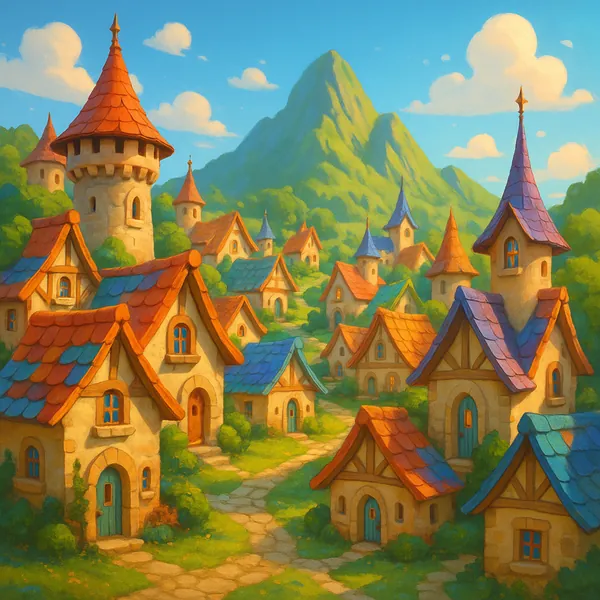 Enjoy an online jigsaw puzzle designed for browser play, featuring a charming fantasy village nestled in sunlit hills.