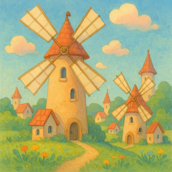 Enjoy an online jigsaw puzzle designed for browser play, featuring a charming countryside scene of windmills, little cottages, and rolling greenery.