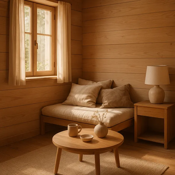 This online jigsaw puzzle features a warm, minimalist cabin interior captured in soft, natural tones — perfect for lovers of home and lifestyle scenes.