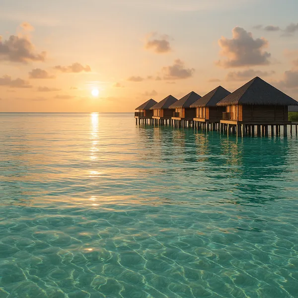 Enjoy an online jigsaw puzzle designed for browser play, featuring a serene tropical seascape with overwater bungalows at sunset.