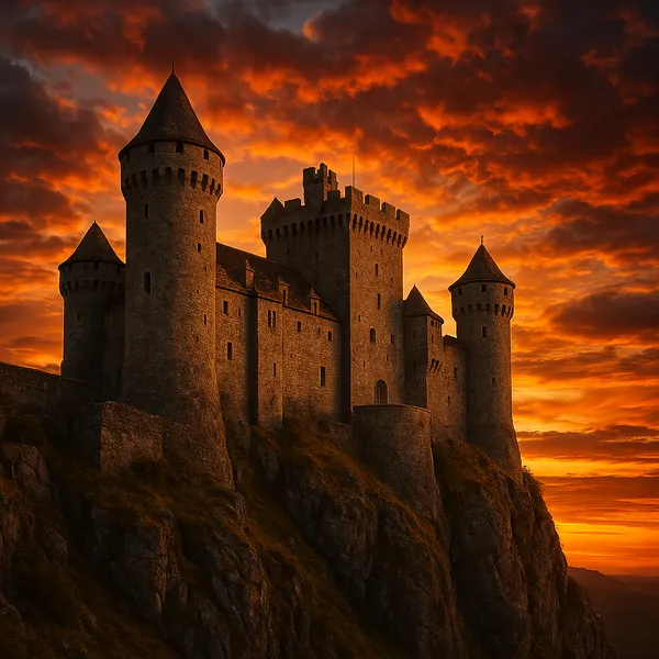 Enjoy an online jigsaw puzzle designed for browser play, featuring a dramatic medieval castle set against a fiery sunset.