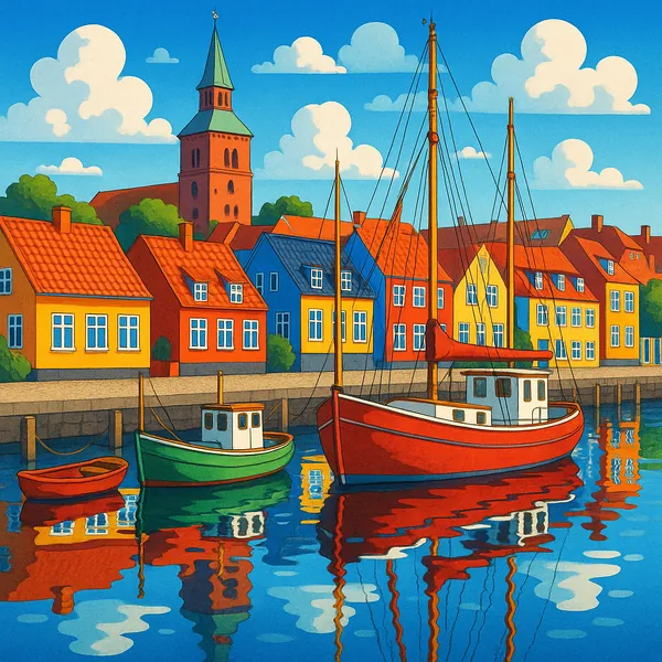 Enjoy an online jigsaw puzzle designed for browser play, featuring a colorful harbor scene filled with boats and charming waterfront houses.