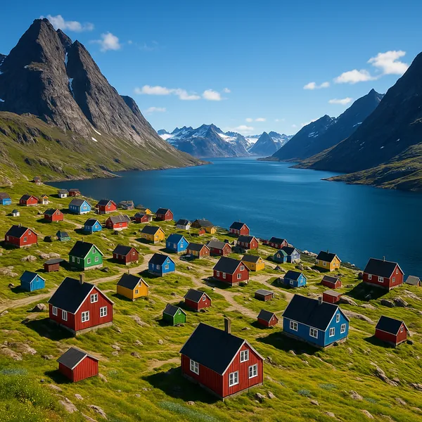 Enjoy an online jigsaw puzzle designed for browser play, featuring a quaint coastal village nestled between steep mountains and a deep blue fjord.
