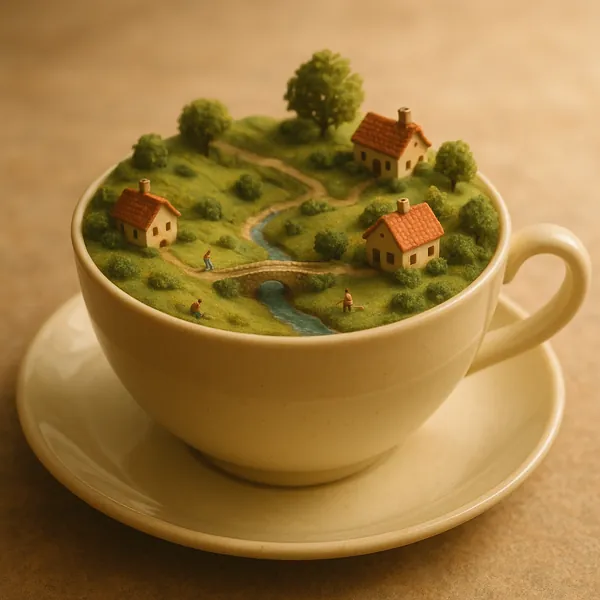 Enjoy an online jigsaw puzzle designed for browser play, featuring a whimsical miniature landscape nestled inside a teacup — a charming blend of art, nature, an