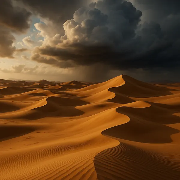 Enjoy an online jigsaw puzzle designed for browser play, featuring a striking desert nature scene of rolling sand dunes and a brooding sky.